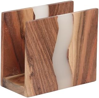Acacia wood & Transparent Epoxy resin Napkin holder for table, Rustic farmhouse napkin organisation for kitchen, dining, counter tops, restaurant or outdoors | 6x5x2.5 inches|(Cloudy White)