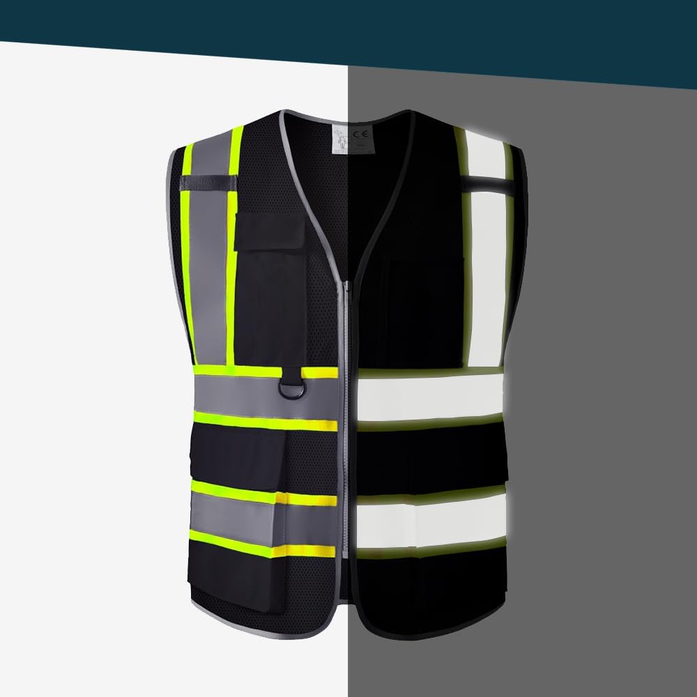 Reflective Safety Vest, High Visibility Work Vest for Men Women with 8 Utility Pockets, Zipper & Breathable Mesh
