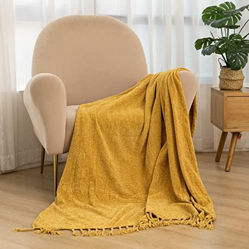 Soft Textured Lightweight Chenille Throw Blanket with Fringe for Travel Bed Sofa and Couch, Mutard 50 x 60 Inches