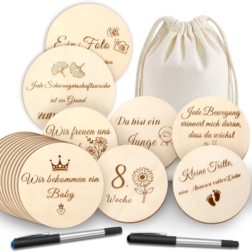 JTgugu 40 Meilensteinkarten Schwangerschaft Holz Doppelseitig Bedruckt Runde Holzscheiben Ø10 cm inkl. Stoffbeutel & 2 Stifte Babybauch Meilensteine Geschenk für Schwangere & werdende Mütter