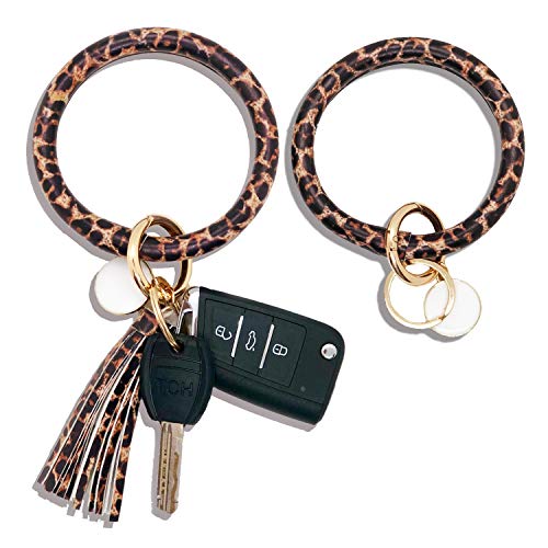 ATIMIGO 2PCS Bangle Big Key Ring Chain Bracelet Leather Wristlet Key Ring Holder