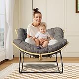 Majnesvon Rattan Papasan Rocking Chair with Cushion, Oversized Round Egg Chair, Heavy Duty Swing Chair for Indoor & Outdoor Use - Patio, Living Room, and Garden Lounge (Light Gray)