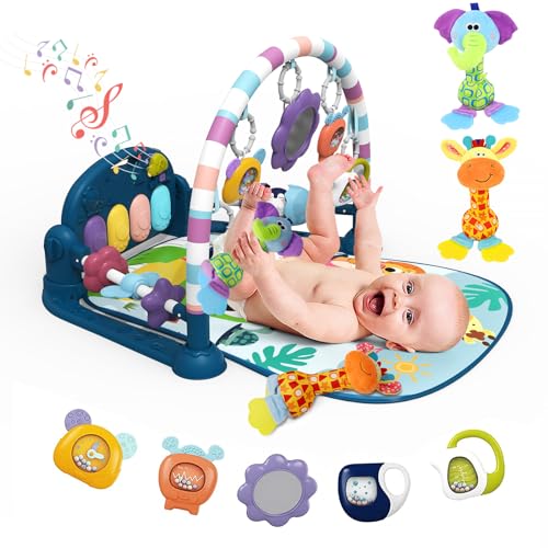 Image of dearlomum Baby Play Mat Baby Gym,Funny Play Piano Tummy Time Baby Activity Gym Mat with 5 Infant Sensory Baby Toys and 2 Baby Soft Rattles, Boy & Girl Gifts for Newborn 0 to 3 6 9 12 Months(Blue)