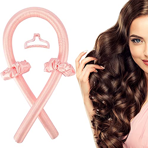 Heatless Hair Curlers For Long Hair, No Heat Silk Curling Rod Headband With Hair Clip, Sleeping Curls Silk Ribbon Hair Rollers, Elastic Rubber Curling Ribbon and Flexi Rods for Natural Hair (Pink)