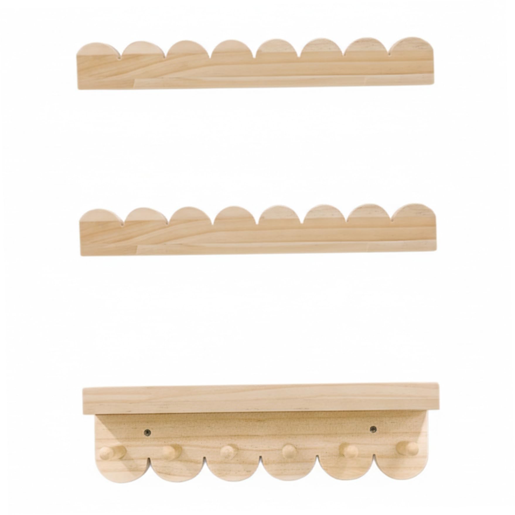Gemuseeee 3-Tier Natural Wood Scalloped Floating Nursery Shelves for Wall with Hooks Wall-Mounted Book & Toy Organiser for Kids Room 42x12x5cm