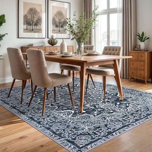 KUTA Area Rug 5x7 Navy Blue, Washable Rugs for Living Room Ultra Soft Non-Slip Printed Flower Distressed Vintage Floral Farmhouse Carpet for Bedroom Dining Room Dorm Office Home Décor