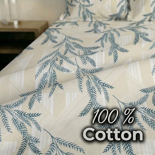 Image of Mafatlal King Size Bedsheet, Beige with Blue Leaf Print, 186 TC Metro Cotton, 108 x 108 Inch, Soft & Breathable, with 2 Pillow Covers | Cream Blue 2