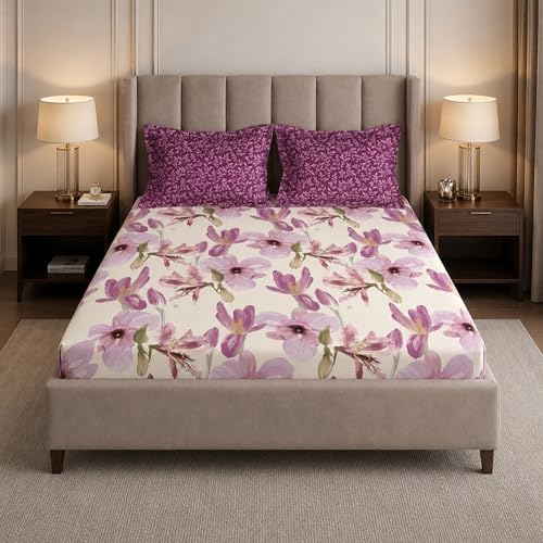 Image of MYTRIDENT Soft Comfort Bedsheet for Double Bed, 100% Cotton Bedsheet, 180 TC, Soft and Breathable, King Size Bedsheet with 2 Pillow Covers - Dahlia