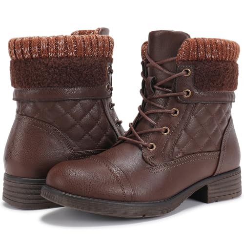 STQ Women's Fashion Combat Boots Winter Ankle Booties Non-Slip Warm Casual Fall Boot Vintage Brown US 7