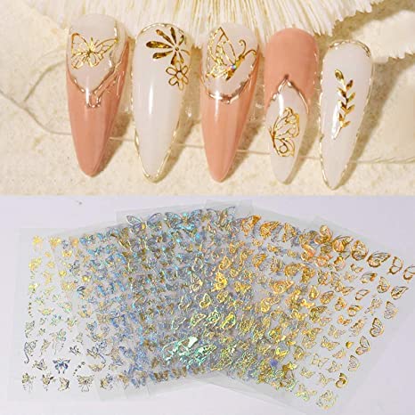 LIENJAER 8 Sheet Nail Art Sticker,Nail Stickers Different Laser Gold and Silver Color Butterfly Nail Stickers Shapes Nail Art Supplies (Gold and Silver Butterfly Stickers)