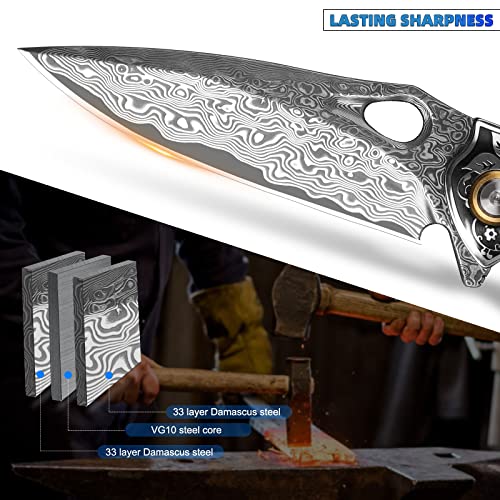 Minowe handmade Japan Damascus steel pocket knife，3.1" VG10 blade men and women Folding knife，With holster，Lining lock，resin and Maple handle，Suitable for EDC outdoor camping，go fishing hunting - Thumbnail 3