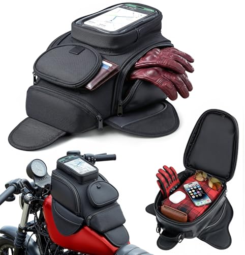 Nomad Motorcycle Tank Bag 4L Heavy Duty Black Gas Tank Bag with Touchscreen Phone Window Magnetic Universal Fuel Tank Pouch for Cruiser Sportbike Touring & Street Bikes