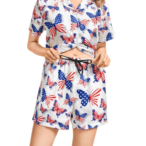 Image of Funny Pajamas for Women Set Print Satin Loungewear Pjs Short Sleeve Button Down Top and Shorts Sets Sleepwear XS-3XL