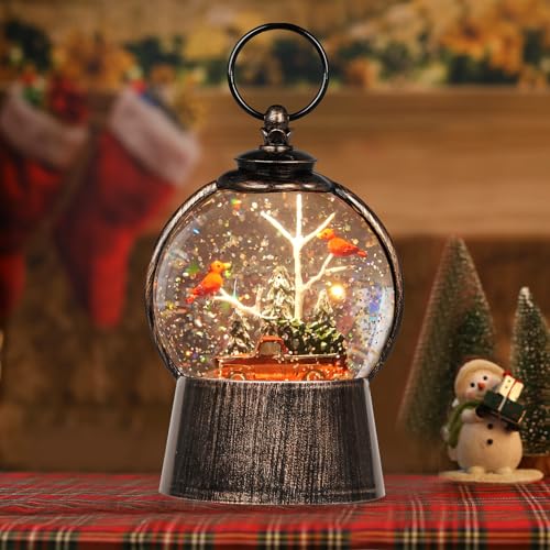 Christmas Snow Globe Lantern with Timer Cardinals Christmas Tree Truck Lighted Music Snow Globes,...