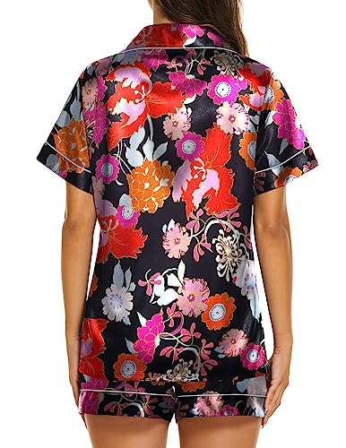 Image of Ekouaer Women's Pajama Sets Summer Silky Pjs Short Sleeve Button Up Nightwear Satin 2 Piece Sleep Shorts Set,Floral Black,Medium