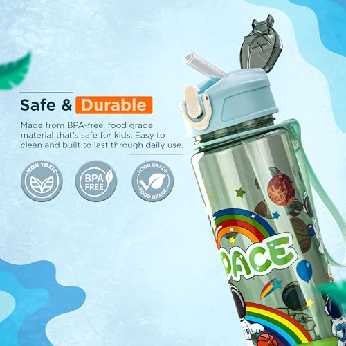 Image of BAYBEE Galaxy Kids Water Bottle 800ml | Leak-Proof Baby Sipper Bottle with Flip Lock Lid & Silicone Straw | BPA-Free School Water Bottle for Boys & Girls, Drinking Training Sipper Bottle Kids (Green)