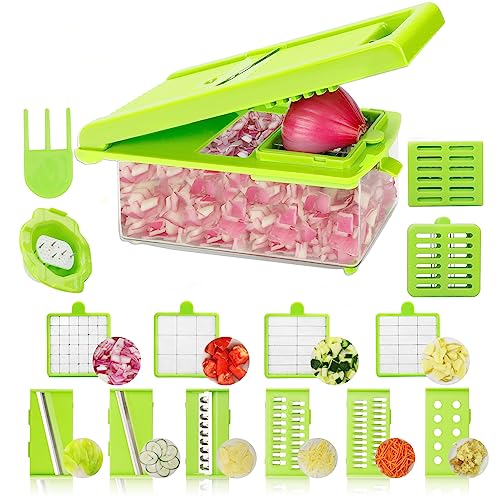 FUKTSYSM Vegetable Chopper - 15 in 1 Multipurpose Mandolin Slicer Dicer Household Kitchen Manual Julienne Grater Cutter for Onion, Garlic, Carrot, Potato, Tomato, Fruit, Salad
