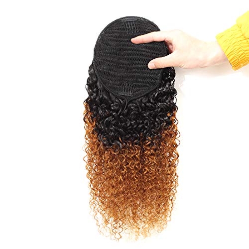 1B/30 Ombre Curly Wave Human Hair Ponytail with Wrap Drawstring, 1B to Dark Brown 3C Brazilian Hair Pony Tail, Afro Kinky Curly Hair Piece Clip in Extensions (16")