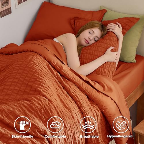 Image of HYMOKEGE Burnt Orange Twin Comforter Set Seersucker 5 Pieces, All Season Luxury Bed in a Bag for Bedroom, Bedding Set with Comforters, Sheets, Pillowcase & Sham