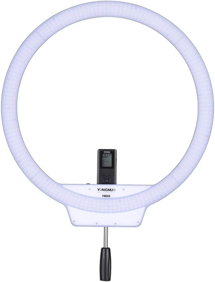 YN608 3200K~5500K Bi-Color Temperature Wireless Remote LED Ring Video Light Annular and Frameless Appearance Design Adjustable Brightness CRI≥95 with Handle Grip Remote Controller
