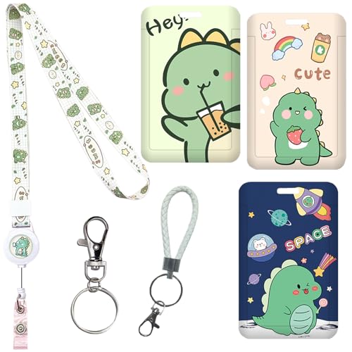 ZenyTra Dino Lot de porte-badges 3 en 1 avec clip de sécurité | Collier réglable, bracelet en cuir et porte-clés | Design dinosaure pour métro, tickets de...