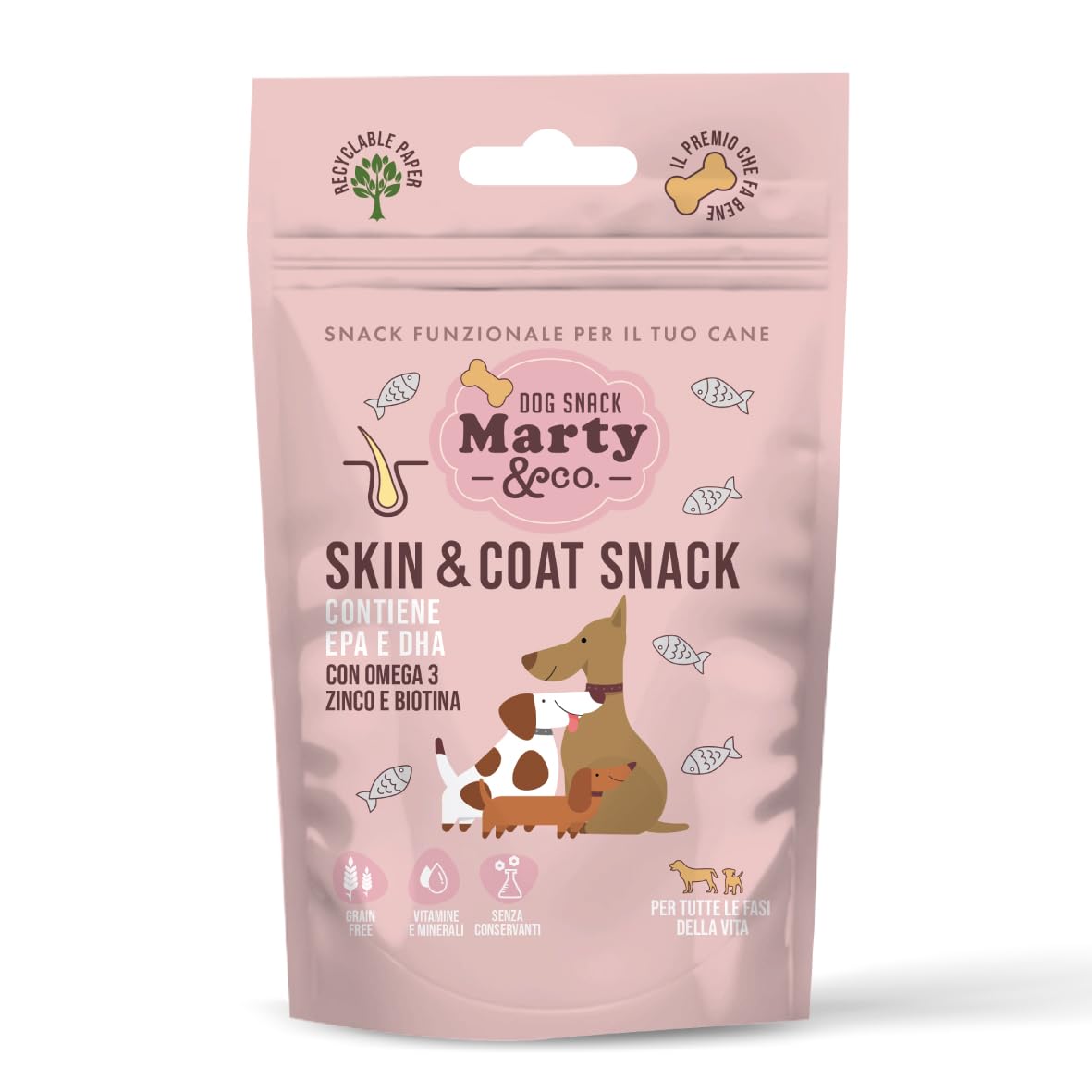 Marty & Co - Skin & Coat Snack - Snack Per il pelo e la cute del cane,Pelo Lucido e Cute Sana - per Cane e Gatto - Con EPA, DHA, Omega 3, Zinco, Biotina, Vitamine e Minerali - Grain Free - gr 80
