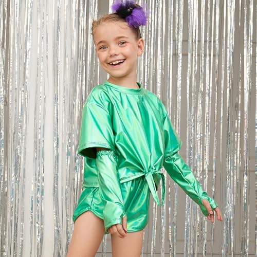 Image of Perfashion Girls Metallic Shirts Shiny Tie Front Knot Crop Top with Arm Sleeves for Dancing Raves Festivals 4-15 Years