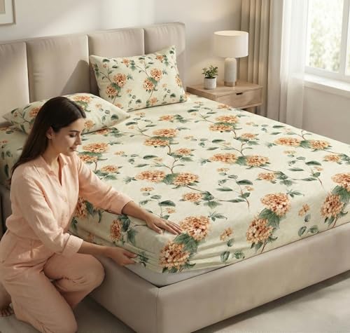 Image of BSB HOME Cloud Cotton King Size Fitted Bedsheet 78 x 72 + 10 Inches | 220 Thread Count Soft & Breathable Cotton Fitted Bed Sheet with Elastic, Deep Pocket Bedding for Home (Off White)