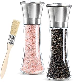 Newyond Salt and Pepper Grinder Set, Salt and Pepper Shakers with Adjustable Coarseness,Brushed Stainless Steel and Glass Body Shakers(2 Pack)