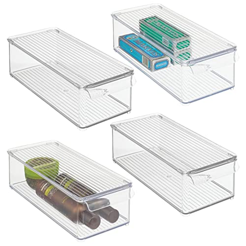 mDesign 4er-Set Aufbewahrungsbox mit Deckel und Griff – stapelbare Box für Pflegeprodukte im Badezimmer – ideal für Handtücher oder zur Kosmetikaufbewahrung – durchsichtig