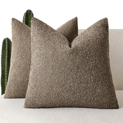 Foindtower Pack of 2 Textured Boucle Throw Pillow Covers Accent Solid Decorative Pillow Cases Cozy Woven Couch Cushion Case for Chair Sofa Bedroom Living Room Home Decor 20x20 Inch Light Brown