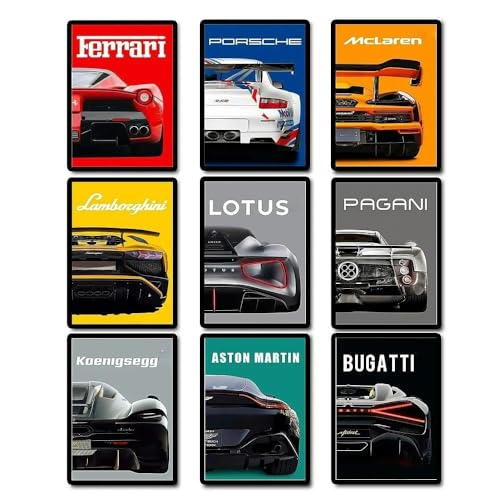 Vexilon 9 PCS Wall Art Cars, Super Car Posters with 9 themes, Super Car Posters for Boys Bedroom, Auto Themed Man Cave Decor