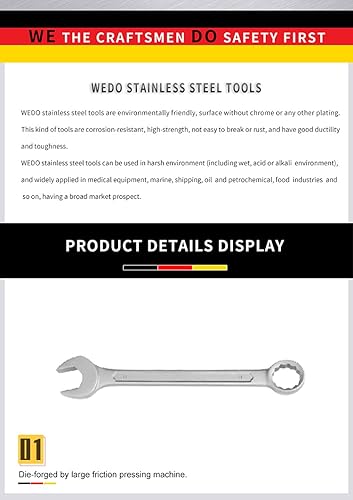 Miniatura 7 de WEDO Llave combinada de acero inoxidable, caja de doble extremo de 12 puntos, extremo abierto 0.512 in, desplazamiento de 15 grados, longitud 6.890