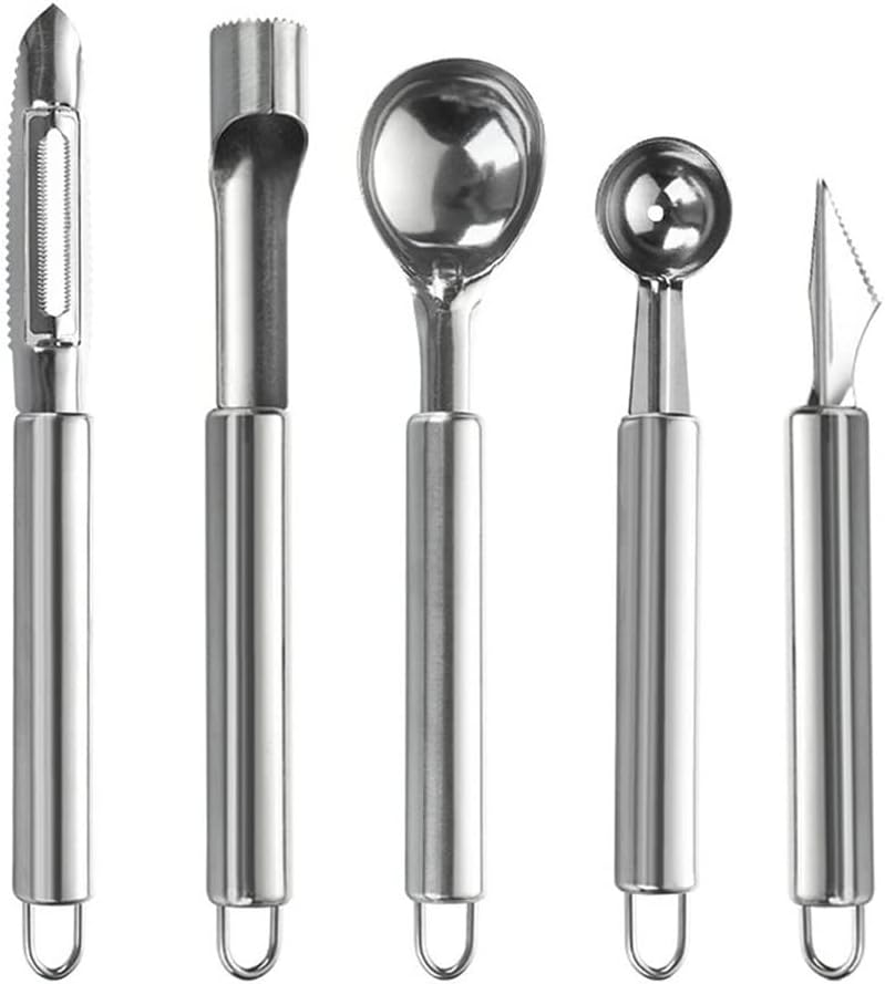 5pcs Stainless Steel Fruit Cutting Tool Melon Spoon Peeler Carving Kitchen Utensils Practical