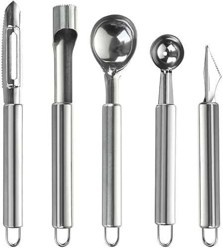 CZDYUF - 5 herramientas de corte de frutas de acero inoxidable, cuchara de frutas de melón, pelador de frutas, cuchillo de tallar, utensilios de