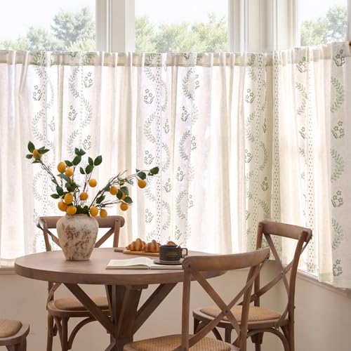 Image of jinchan Green Floral Linen Kitchen Tier Curtains 50x54 Inch 2 Panels
