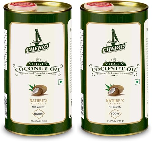 Image of Chekko Cold Pressed Virgin Coconut Oil | 100% Natural & Pure (500 ML) for Cooking, Skin Care, Hair Growth, Baby Massage and Oil Pulling (Pack of 2)