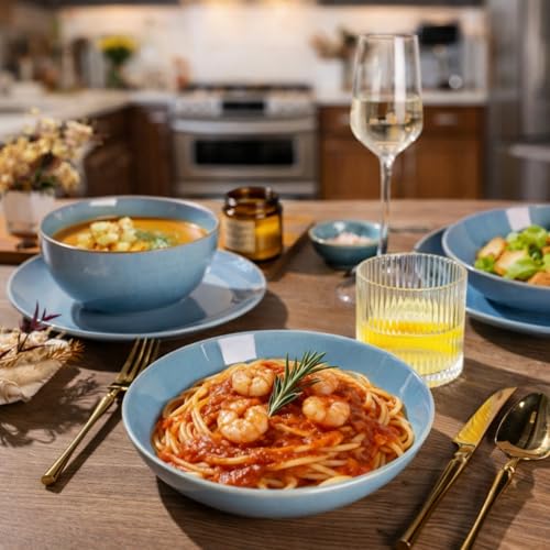 Image of GBHOME Dinnerware Sets with Double Bowls for 6, 24 Pieces Stoneware Plates and Bowls Set, Scratch Resistant Ceramic Dishes Set, Dishwasher & Microwave Safe-Alaskan Blue