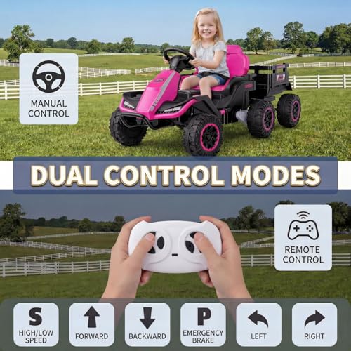 Image of Hikole 24V Ride on Toys Tractor for Kids 3+ w /Trailer, Electric Car, Pink