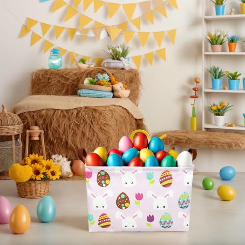 Image of Large Empty Easter Basket for Kid Pink Fabric Personalized Bunny Eggs Easter Gift Basket for Boy and Girl (Rabbit Easter Egg Tulip)