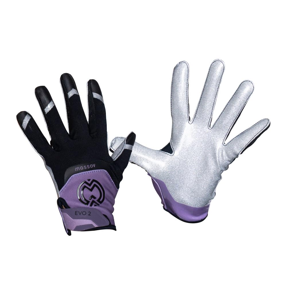 MASSOV EVO2 Football Gloves – Sticky Grip ProTac Palms, Breathable Mesh Fit, SFIA – Adult Football Gloves - Mens, X-Large, Purple/Silver Color