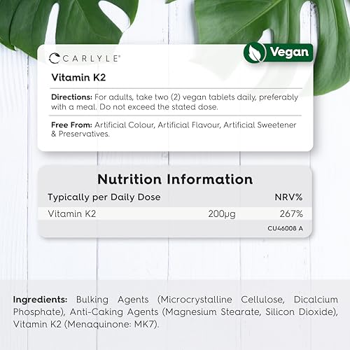 Vitamin K2 MK7 200ug | 180 Vegan Tablets | High Strength Menaquinone-MK7 | Suitable for Vegetarians and Vegans | by Carlyle - Image 4