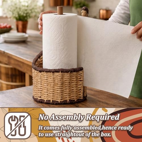 Gerrii 11.5 Inch Rattan Paper Towel Holder, Handwoven Natural Wicker Countertop Paper Towel Stand, Decorative Rustic Holder Countertop Storage for Kitchen Roll Organize Dining Table Home Decoration by Gerrii - Used condition - Image 6