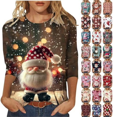 Christmas Shirts for Women 3/4 Sleeve Funny Xmas 3D Print Tops Ugly Christmas Graphic T-Shirt Blouse