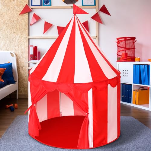 Ribbonlic Circus Tent Red Floor Play Circus Tent Large Playhouse Castle for Play and Games Indoor and Outdoor Camping Activity Toys(Red, White)