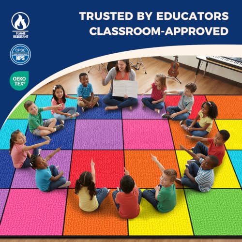 Image of Booooom Jackson Rainbow Classroom Rug 13'x 7'5'', Large, Colorful, Seating Area Rug for School, Preschool, Elementary, Interactive Activities, Decorative Classroom Carpet
