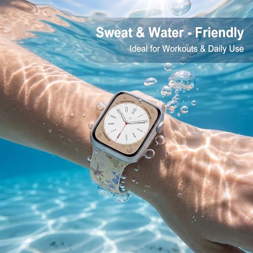 Image of Floral Band Compatible with Apple Watch Bands for Women 40mm 42mm 41mm 38mm 44mm 45mm 46mm 49mm, Cute Pattern Flower Soft Silicone Sport Strap for iWatch Series Ultra 11 10 SE 9 8 7 6 5 4 3 2