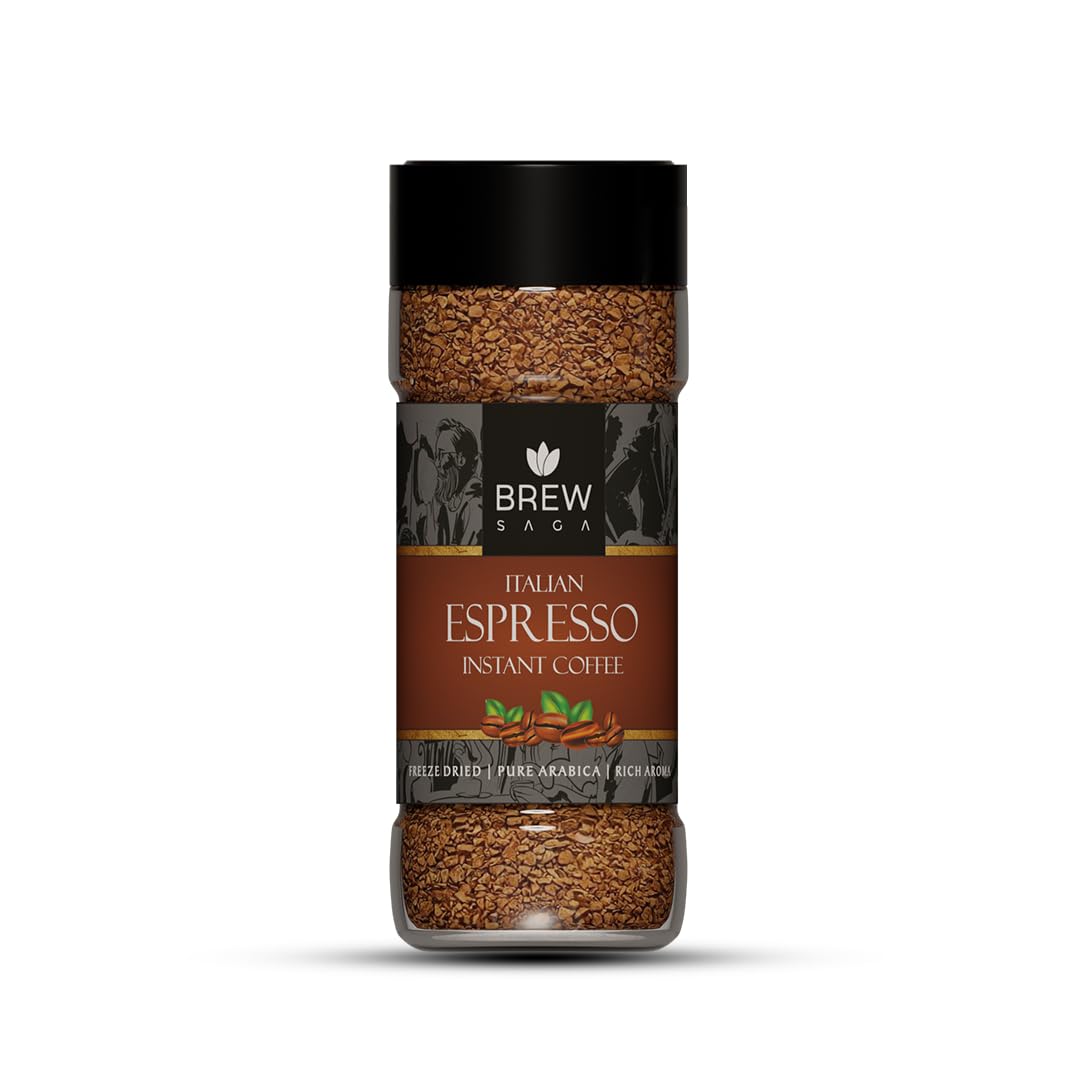 BREWSAGA Italian Espresso Instant Coffee | 100% Arabica | Freeze-Dried | Flavoured Coffee | No Added Sugar | Makes 30 Cups | Morning Starter | Cafe Coffee At Home | 50 Gram, Granule, Bottle