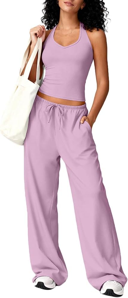Women's Sexy 2 Piece Outfits Sleeveless Halter Tank Top and Loose Wide Leg Pants Matching Lounge Set