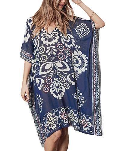Bsubseach Women Chiffon Navy Floral Print Short Sleeve V Neck Beach Loose Swimwear Swimsuit Cover Up Dress